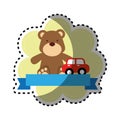 Background sticker with ribbon and teddy bear with toy car