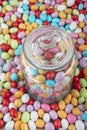 Background of sugared almonds color blue, rose, green, yellow, beige and white.Almond candies. Colorful candies background top