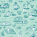 Background with summer beach girls. Seamless pattern with doodl Royalty Free Stock Photo