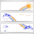 Background with sun umbrella, clouds, rain and rainbow Royalty Free Stock Photo