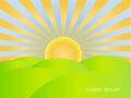 Background with sunrise, blue sky, green hills, Lorem ipsum