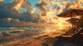 Background, sunrise, ocean, beach, sunbeds, umbrellas Royalty Free Stock Photo