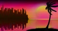 Background with a sunset on a neon sky and a beach with silhouette of palm tree and a city in the distance in the style of Royalty Free Stock Photo