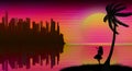 Background with a sunset on a neon sky and a beach with silhouette of palm tree, a woman and a city in the distance in the style Royalty Free Stock Photo