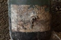 Background surface of very old, dusty and covered with spider web label on black jar Royalty Free Stock Photo