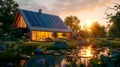 background with a sustainable home featuring solar panels, rainwater harvesting, and green landscaping, illustrating eco