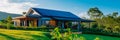 background with a sustainable home featuring solar panels, rainwater harvesting, and green landscaping, illustrating eco