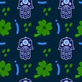 The background is a symbol of fortune. Hamsa amulet for good luck. Illustrations of colored clover. Symbols of good luck. A