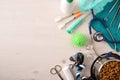 Surgical supplies and dog accessories on table background top view Royalty Free Stock Photo