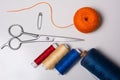 Background for tailor multicolored threads and scissors Royalty Free Stock Photo