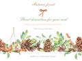 Background, template postcard, forest ornament with the watercolor forest plants (oak acorns, fir cones, rowan tree)