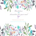 Background, template postcard with the watercolor branches, flowers and plants, hand drawn on a white background Royalty Free Stock Photo