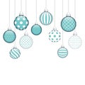 Ten Hanging Christmas Baubles With Different Pattern Turquoise White Silver