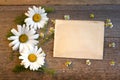 Craft paper on a wooden background with large and small daisies Royalty Free Stock Photo
