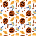 Autumn pumpkin pattern with leaves and mushrooms, fun Halloween Royalty Free Stock Photo