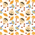 Autumn pumpkin pattern with leaves and mushrooms, fun Halloween Royalty Free Stock Photo