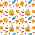 Autumn pumpkin pattern with leaves and mushrooms, fun Halloween Royalty Free Stock Photo