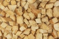 Background texture of baked crackers. heap small pieces dried bread. crumbs of bread croutons