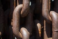 Background or texture from big metal and rusty chains and links. Royalty Free Stock Photo