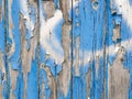 Background texture blue broken paint on old garage wooden boards