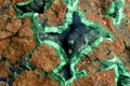 Background, texture: surface of a block of copper ore with veins and geodes of malachite