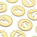 background and texture circles of golden textured paper in the form of coins and letters cut out of them. Royalty Free Stock Photo