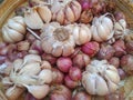 background texture from a collection of red onions and garlic Royalty Free Stock Photo