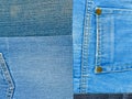 Background texture of denim fabric with pockets and stitched seams with buttons and rivets from different pieces of jeans