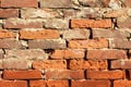 Background texture of old dilapidated red brick wall with cracked concrete patches on front wall of suburban family house Royalty Free Stock Photo