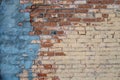 Background with texture of old dirty brick wall and cement. Old broken bricks, close-up Royalty Free Stock Photo