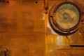 Background, texture, old, iron rusty red surface. The body of old trucks closeup, headlight