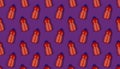 Background texture pattern with orange plastic bottles with dishwashing detergent on purple backdrop.