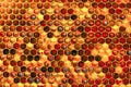 Background texture and pattern of a section of wax honeycomb from a bee hive filled with golden honey i Royalty Free Stock Photo
