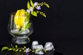 Background texture purple flower ,yellow flower ylang ylang and iced water in glass Royalty Free Stock Photo