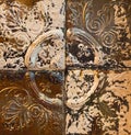 Background texture rusted vintage tin ceiling tile with carvings