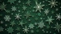 Background texture: snowflakes on a green background. Festive decoration for gift wrapping. Beautiful New Year and Christmas