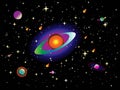 Background texture of universe with planets of different colors and stars in vector