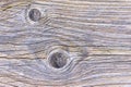 Background texture of grey weathered wood with two knots