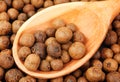 Background texture of whole allspice(jamaica pepper) with wooden spoon Used as a spice in cuisines all over the world. Also used