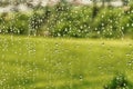 Background texture of window glass covered with water drops after spring rain shower Royalty Free Stock Photo