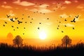 Background of thanks giving concept: Silhouette cross and birds flying on meadow autumn sunrise. Generative AI