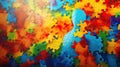 Background on the theme of awareness about autism from color puzzles with a vague outline of a human silhouette.