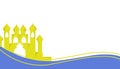 The background theme is Ramadan and Muslim holidays with a silhouette of a yellow mosque and blue waves