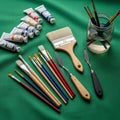 Background. There are multiple paintbrushes with red and blue handles Royalty Free Stock Photo
