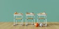 The background of three desks and sports balls with the concept of school class, 3d rendering Royalty Free Stock Photo