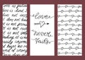 Background with three images with hand lettering Love never fails.