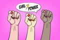 Background with three raised women s fist in pop art comic style - symbol unity or solidarity, with oppressed people and