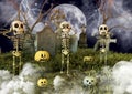 Three skeletons making the gestures of seeing no evil, hearing no evil, speaking no evil in a cemetery with Halloween pumpkins.
