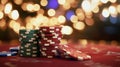 Background of a Thrilling Casino Card Game with Poker Chips and a Five of a Kind Hand in Sharp Focus Royalty Free Stock Photo