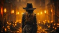Background to halloween young woman in a witch costume view from the back